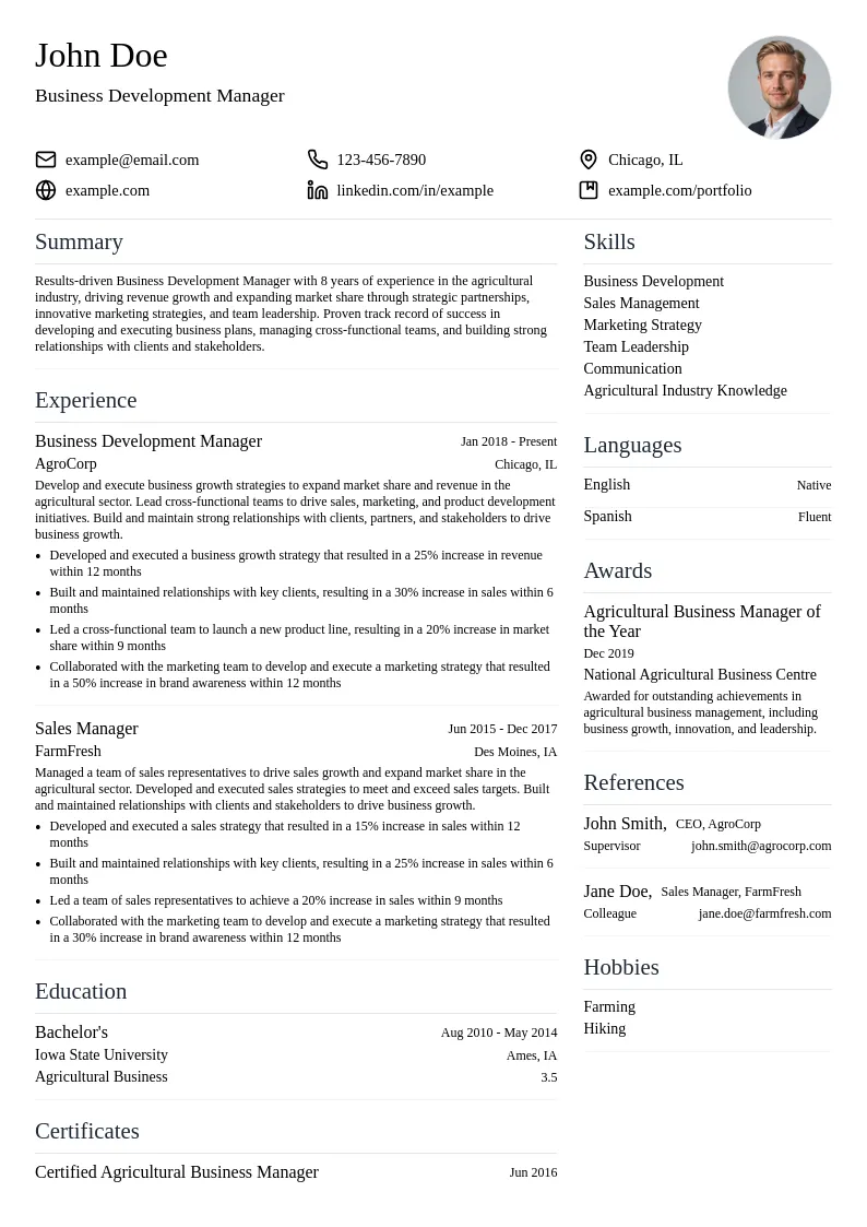 Business Development Manager (Agriculture) resume example