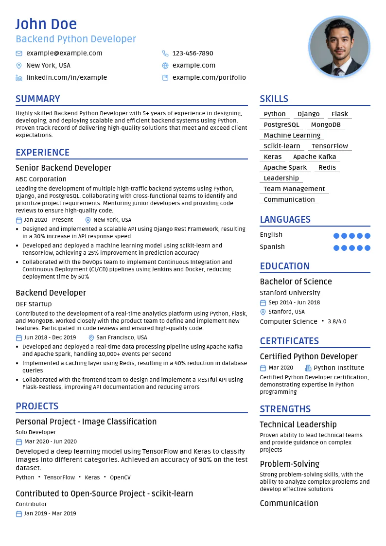 Backend Python Developer resume example