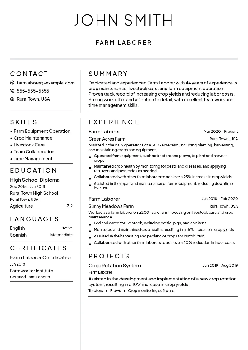 Farm Laborer resume example