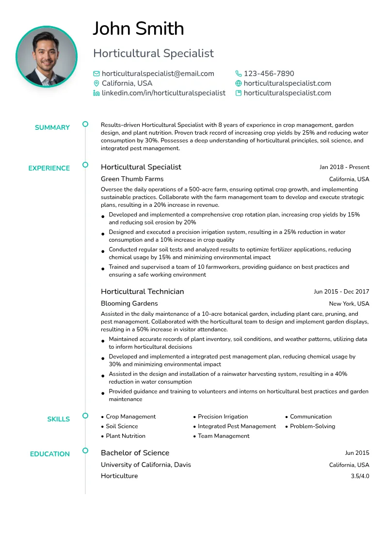 Horticultural Specialist resume example