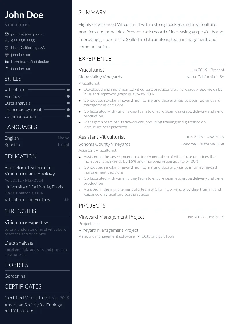 Viticulturist resume example