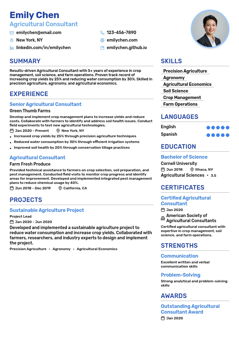 Agricultural Consultant resume example