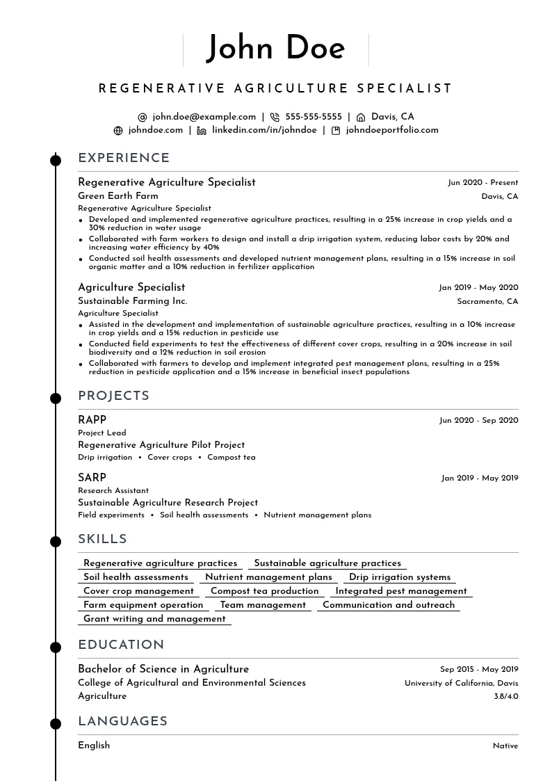 Regenerative Agriculture Specialist resume example