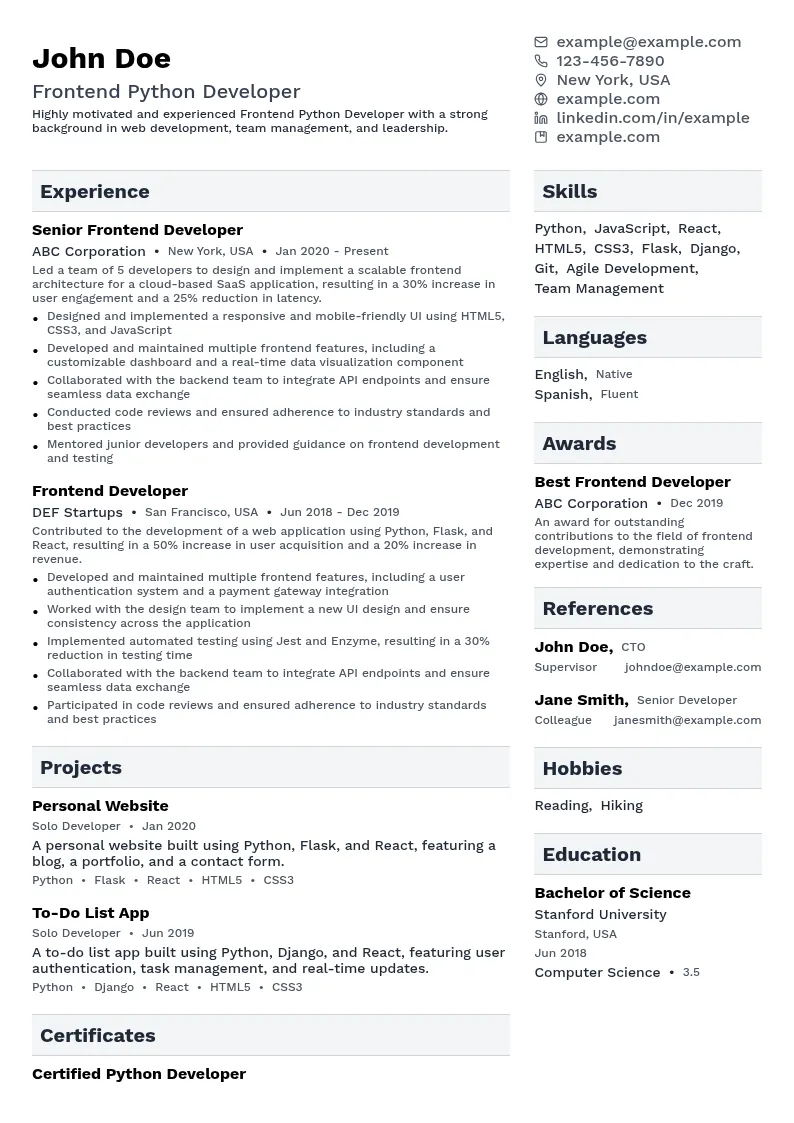 Frontend Python Developer resume example