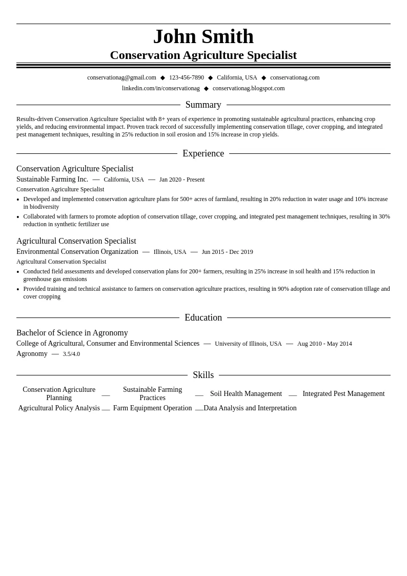 Conservation Agriculture Specialist resume example