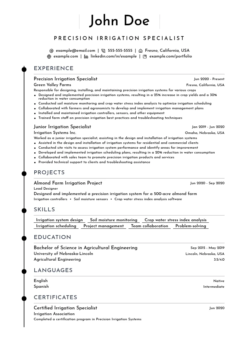 Precision Irrigation Specialist resume example