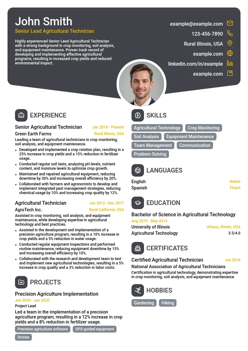 Senior Lead Agricultural Technician resume example