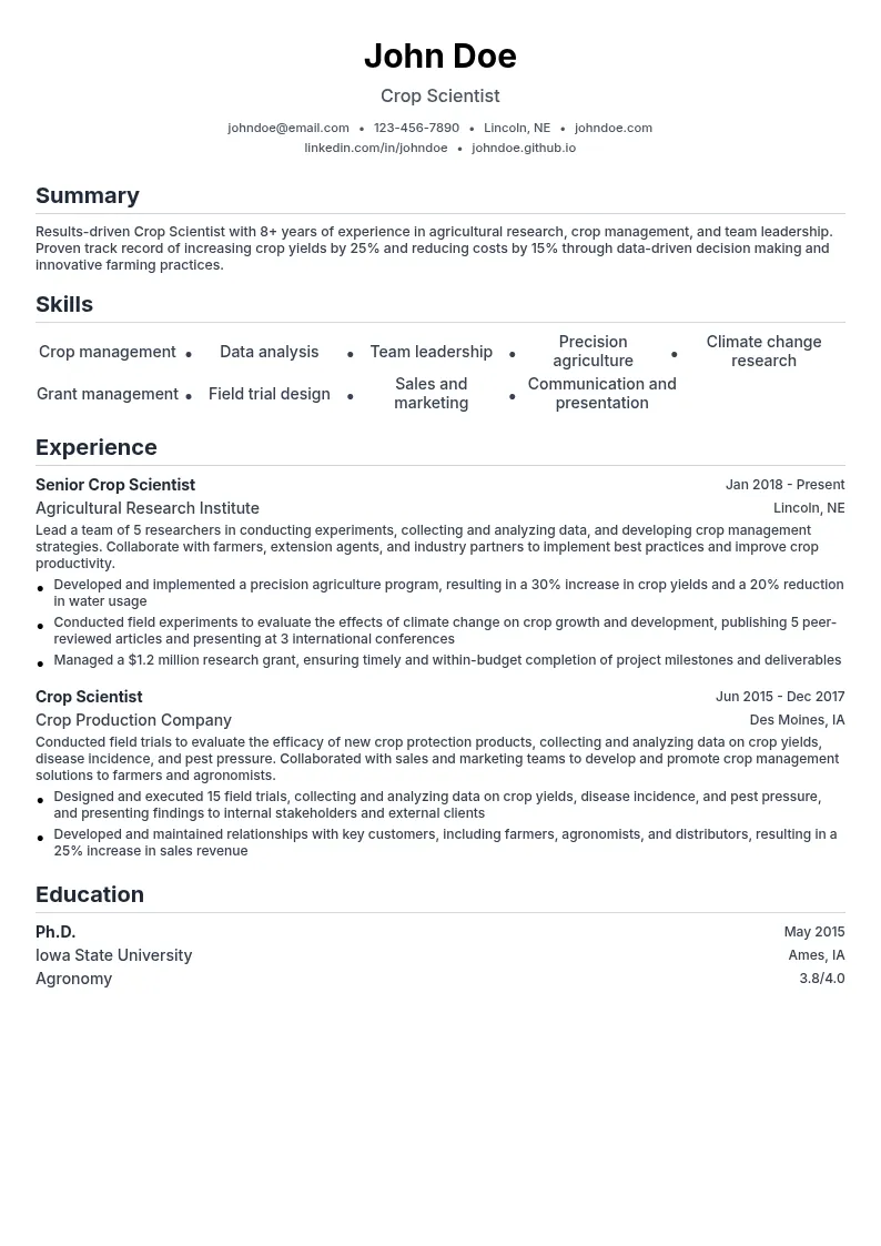 Crop Scientist resume example