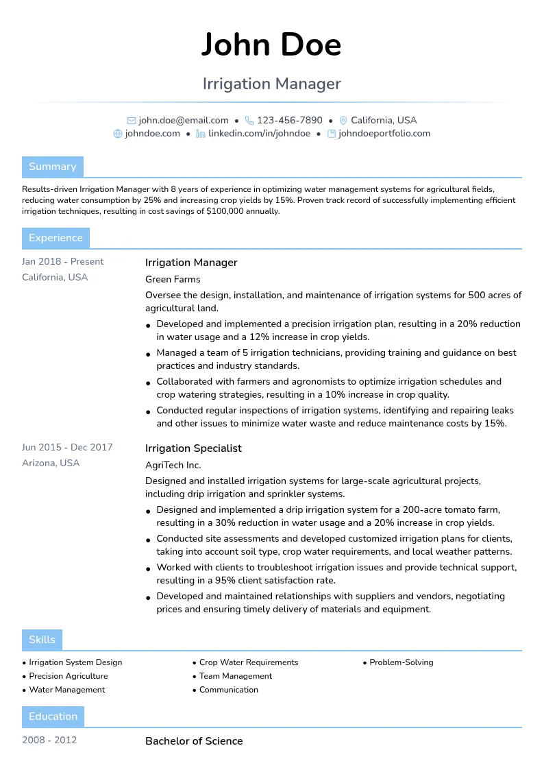 Irrigation Manager resume example