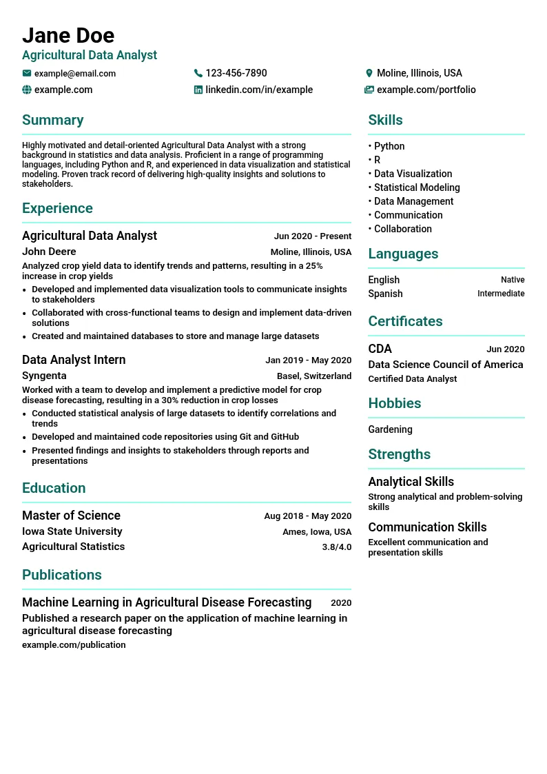 Agricultural Data Analyst resume example