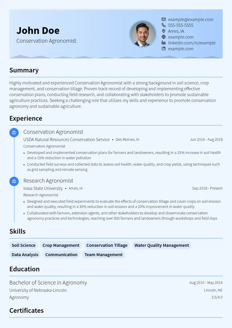 Conservation Agronomist resume example