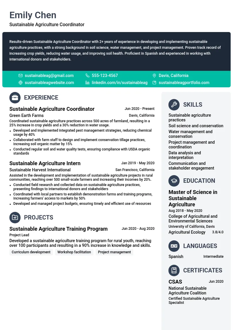 Sustainable Agriculture Coordinator resume example