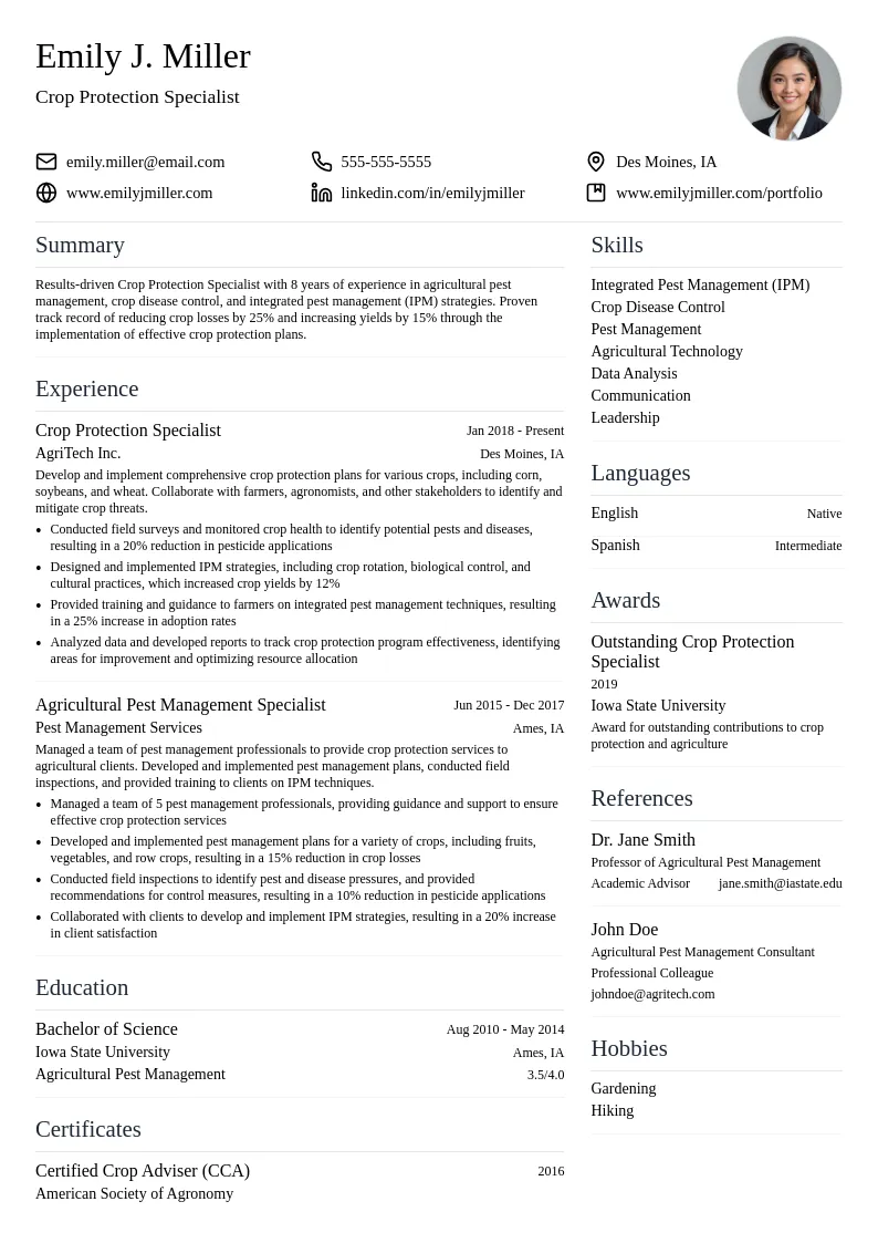 Crop Protection Specialist resume example