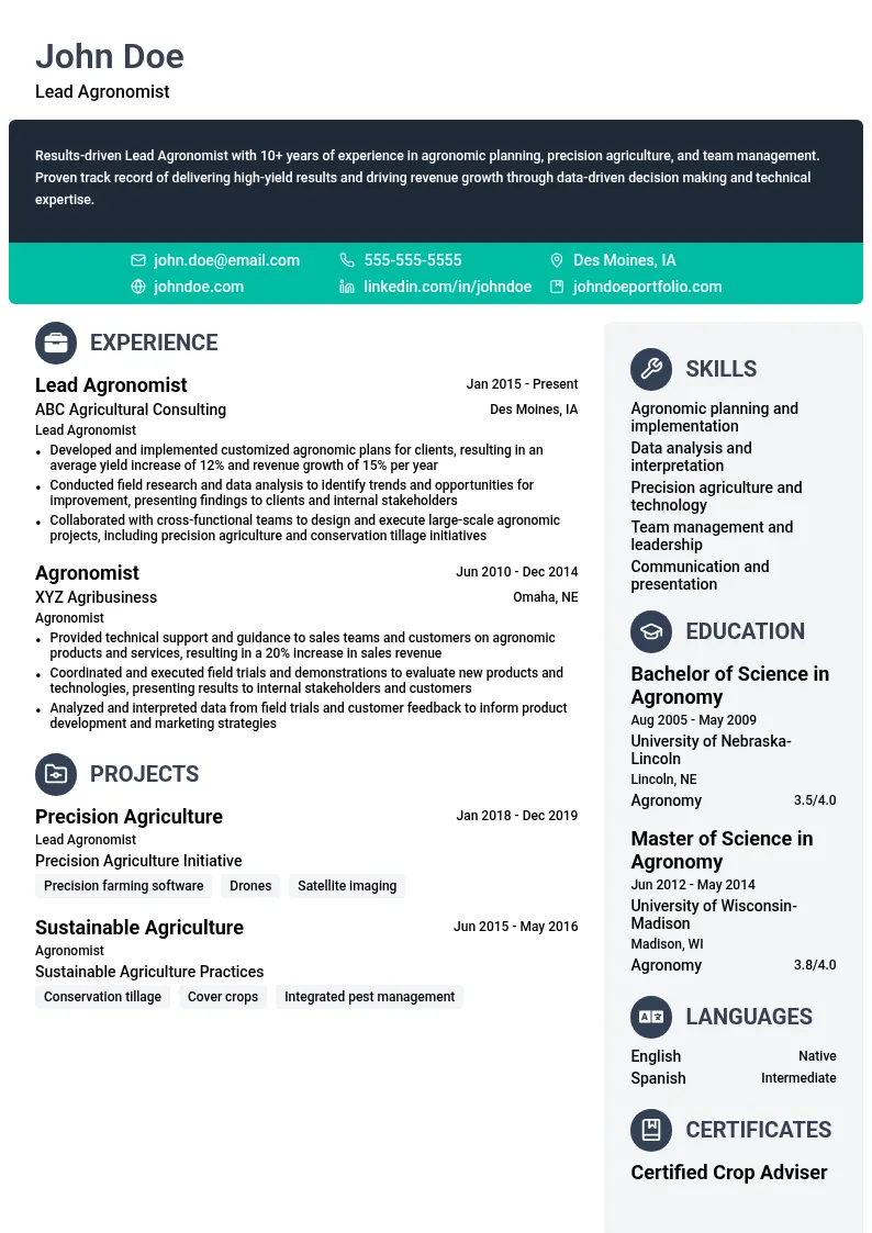 Lead Agronomist resume example