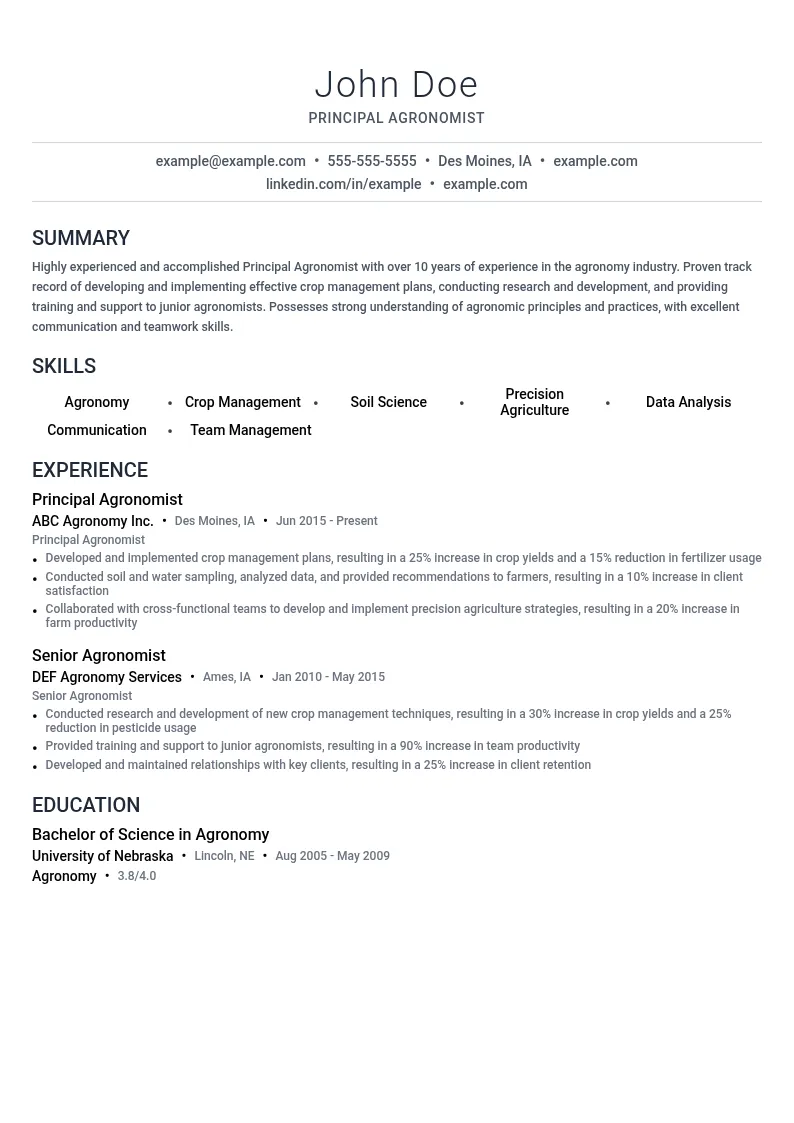 Principal Agronomist resume example