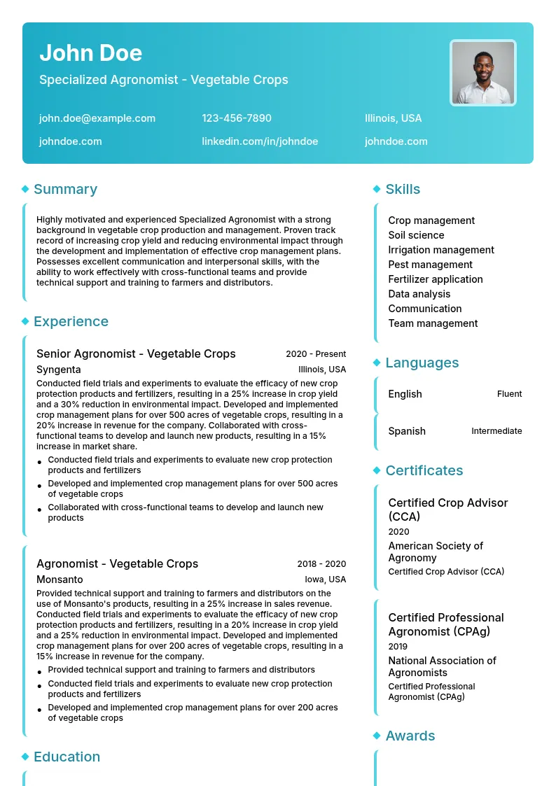 Specialized Agronomist - Vegetable Crops resume example