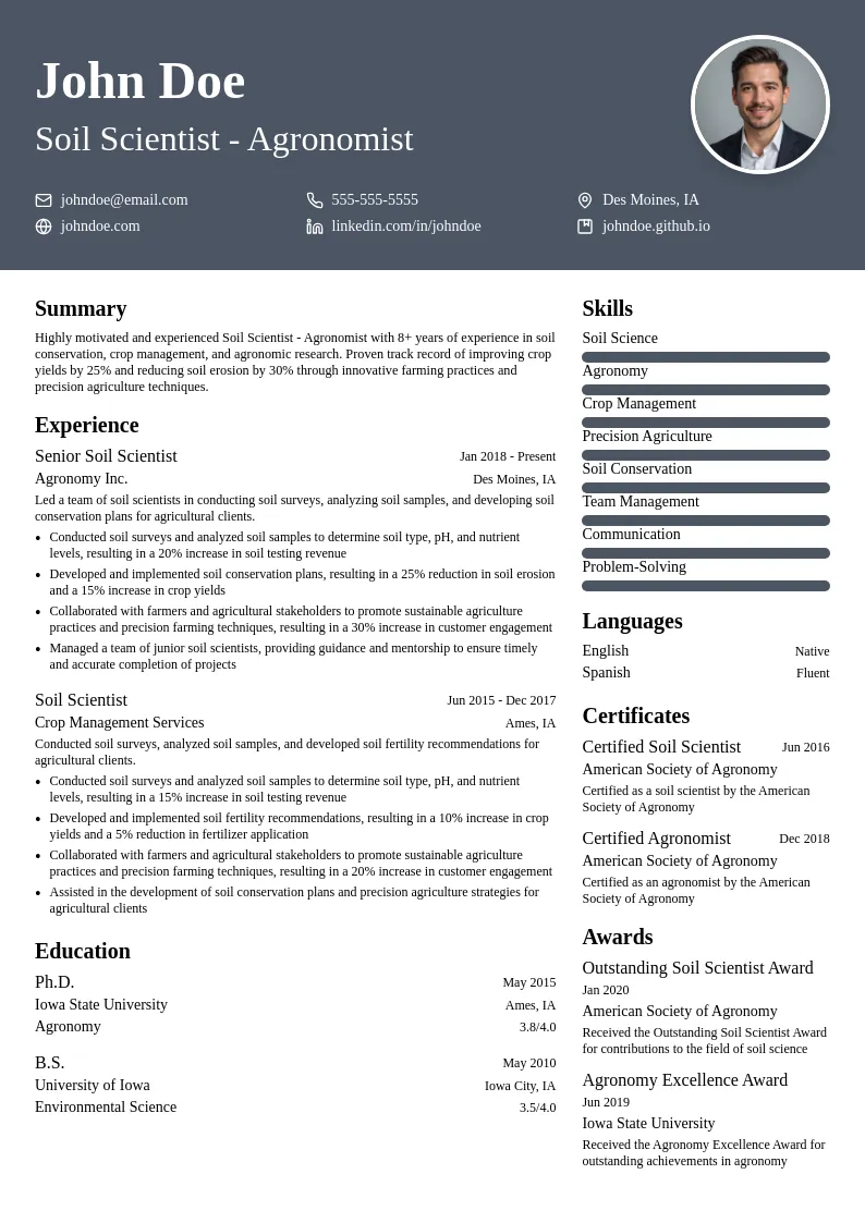 Soil Scientist - Agronomist resume example