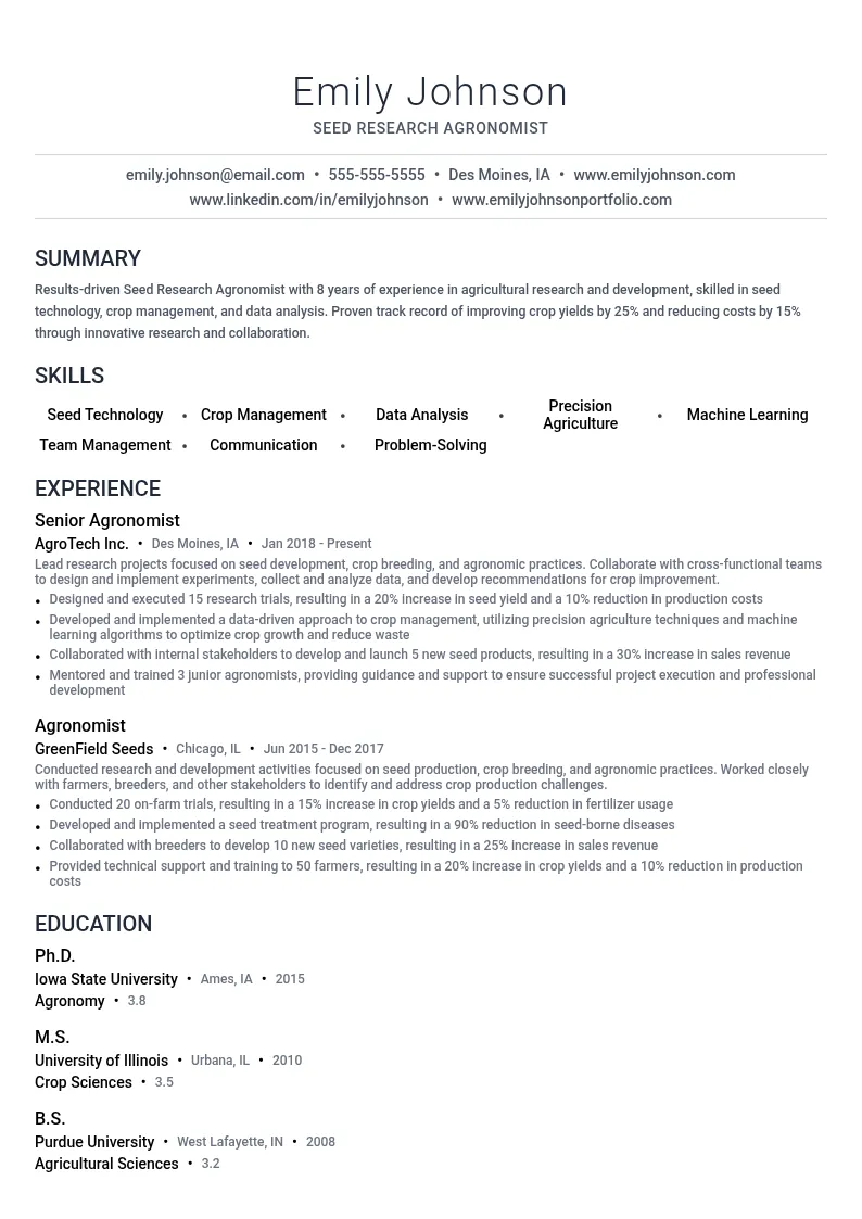 Seed Research Agronomist resume example