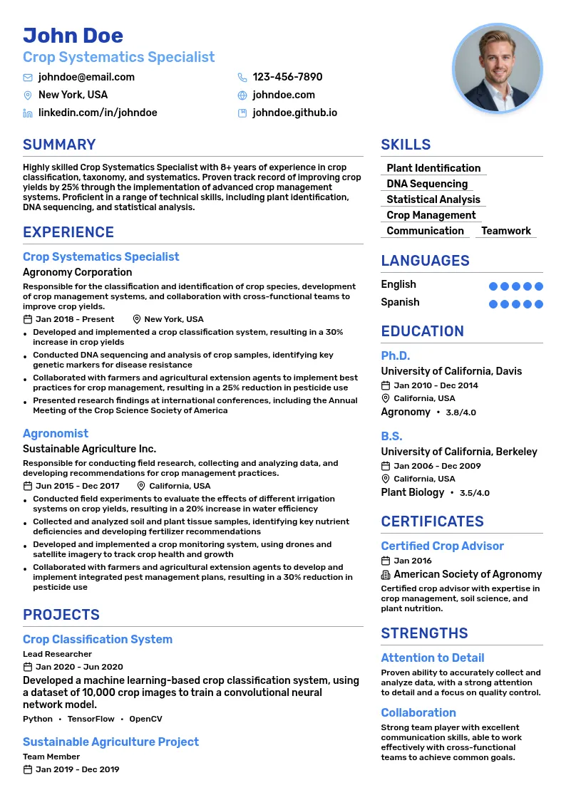 Crop Systematics Specialist resume example