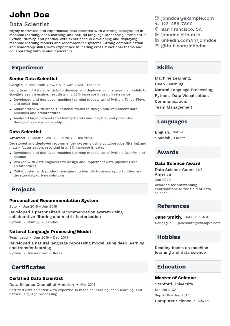Python Data Scientist resume example