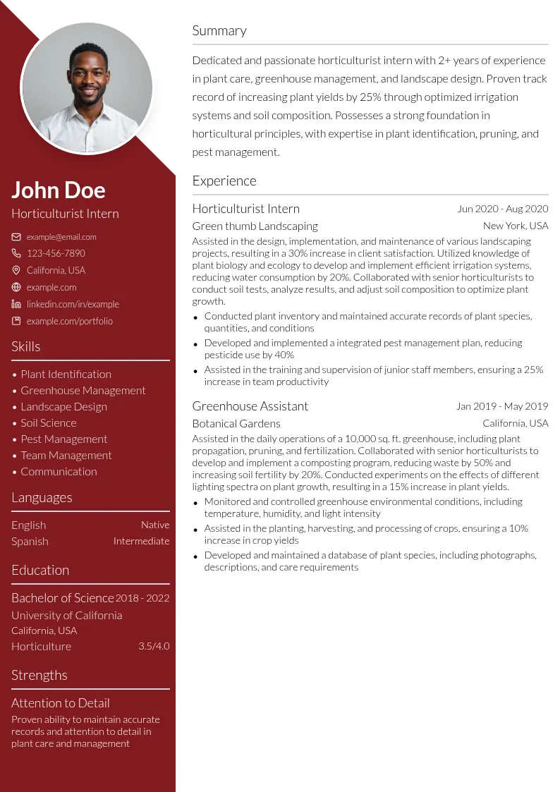 Horticulturist Intern resume example