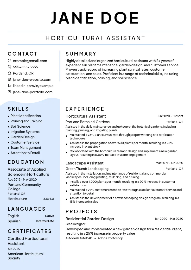 Horticultural Assistant resume example