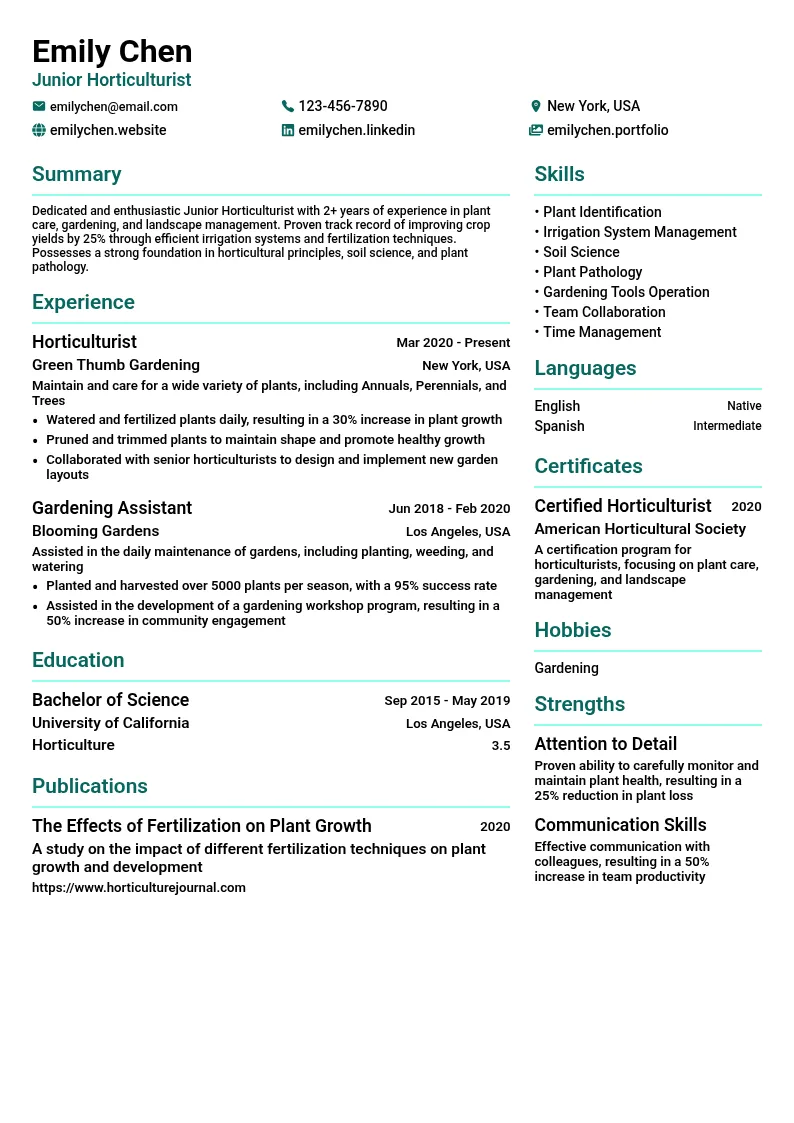 Junior Horticulturist resume example