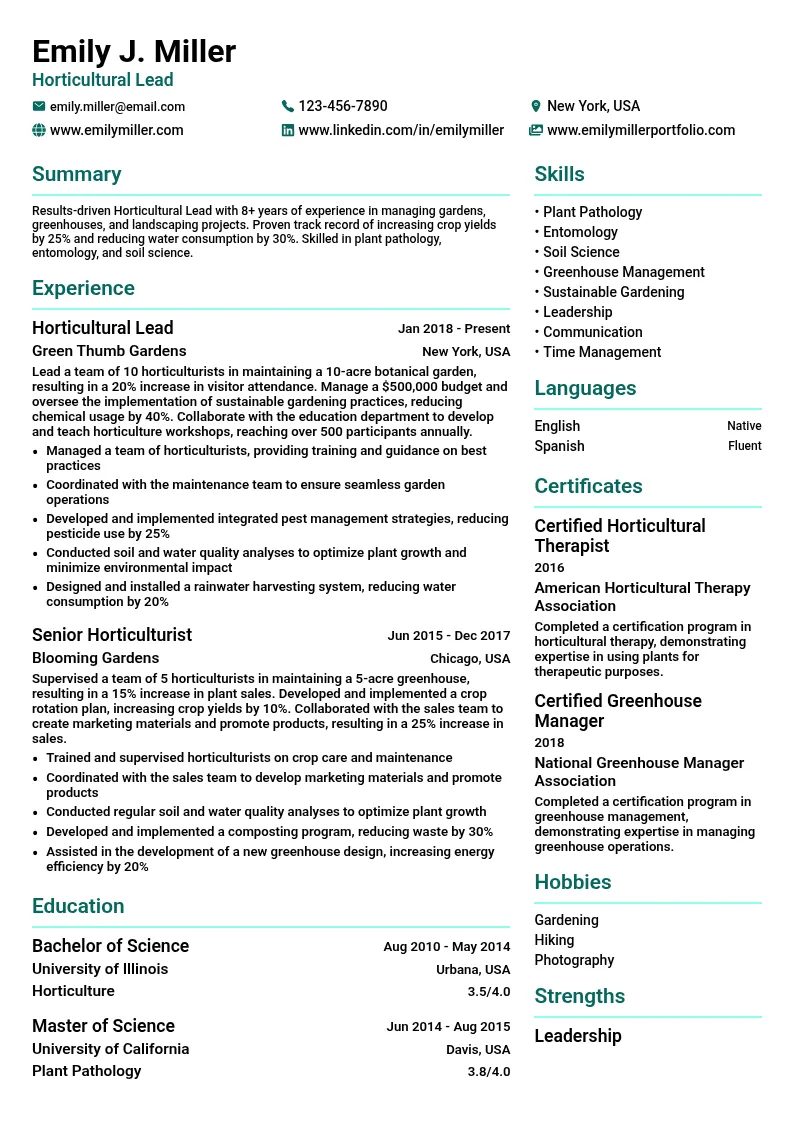 Horticultural Lead resume example