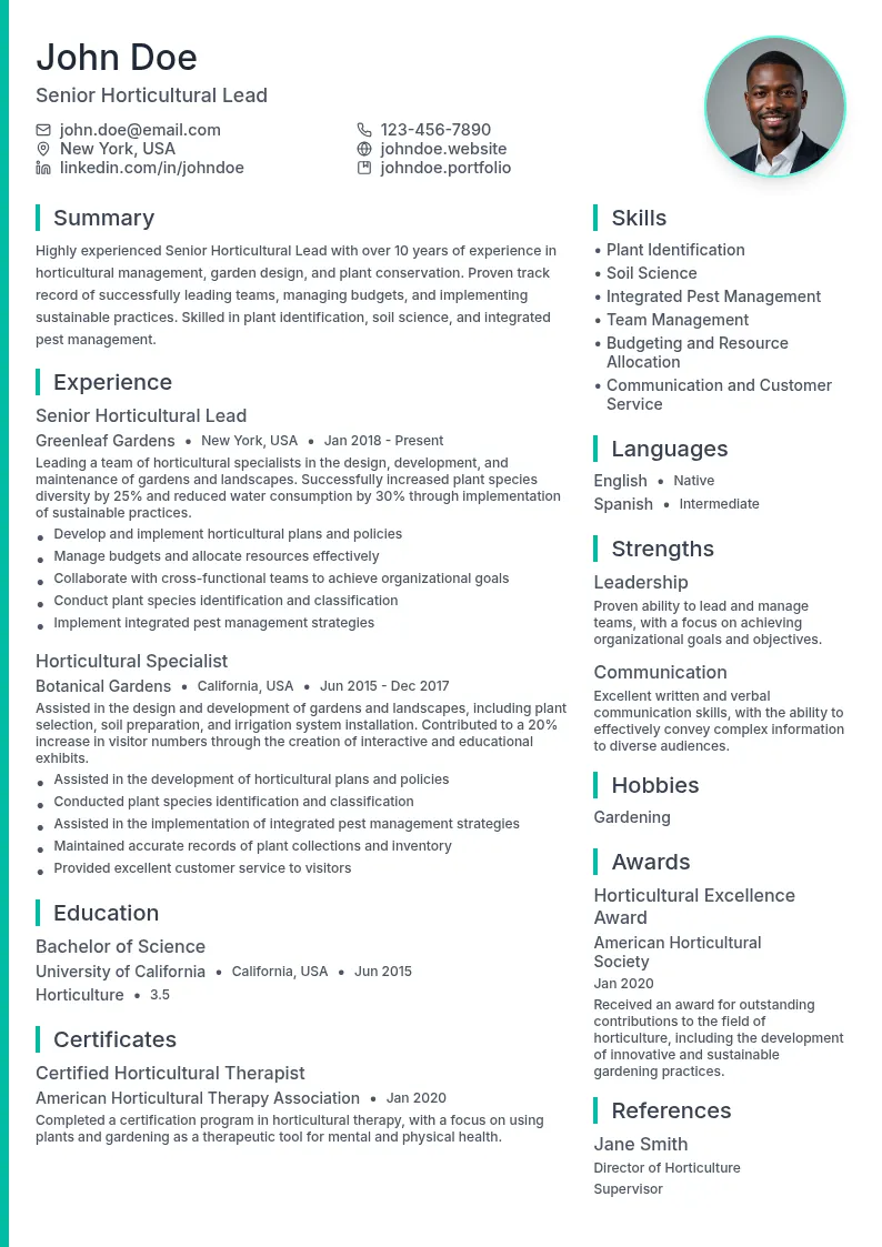 Senior Horticultural Lead resume example