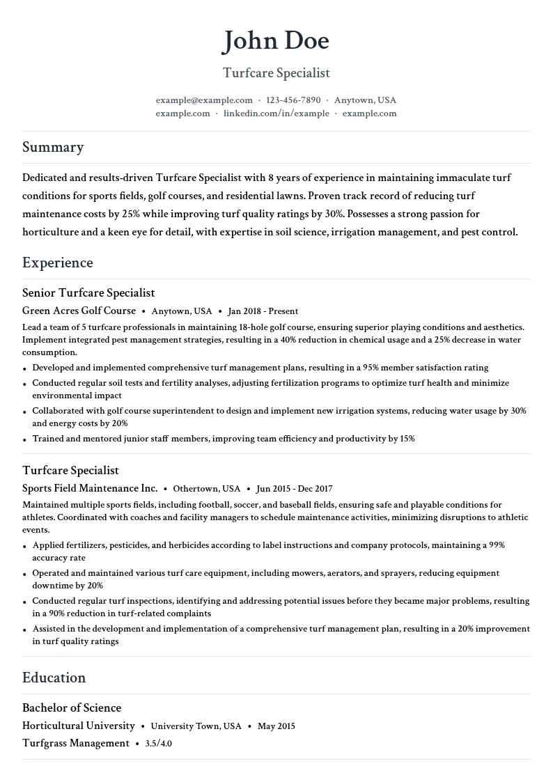 Turfcare Specialist resume example