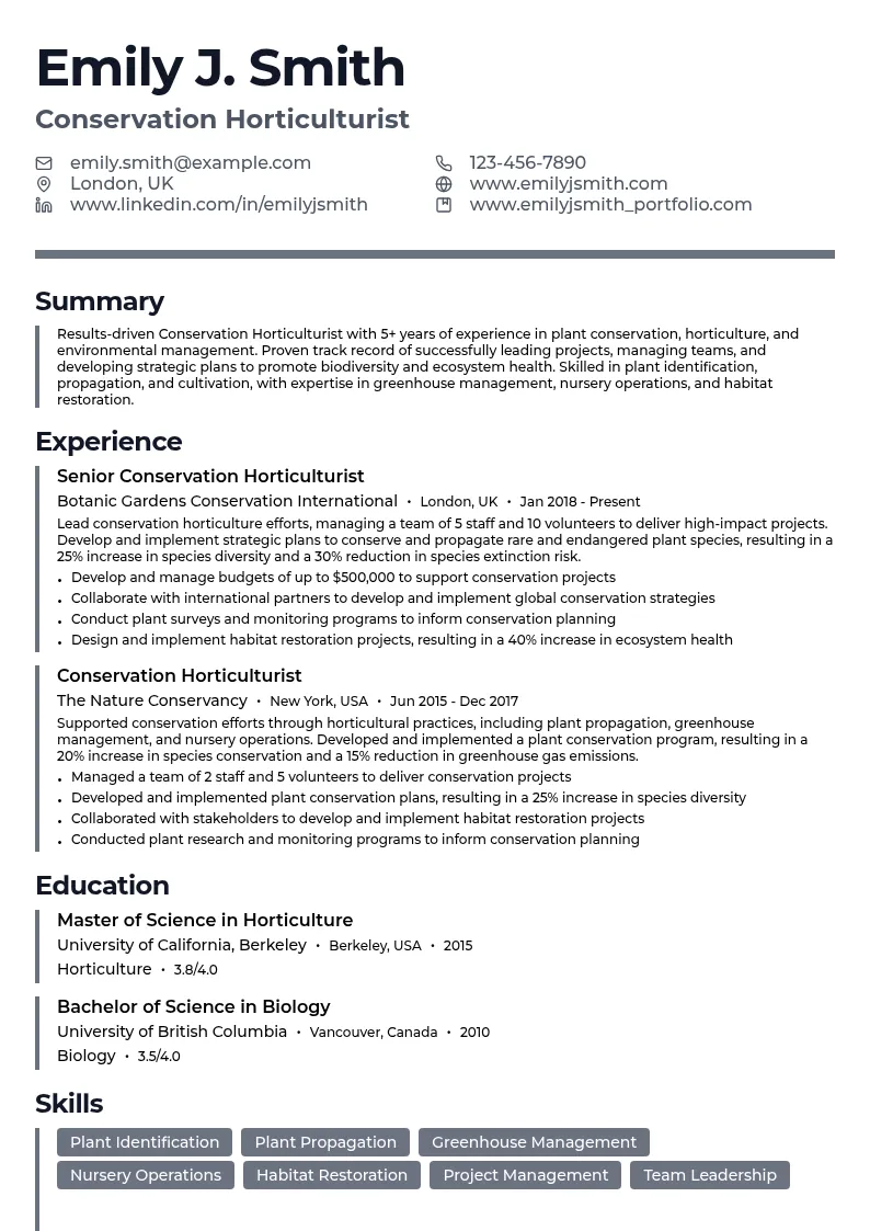 Conservation Horticulturist resume example