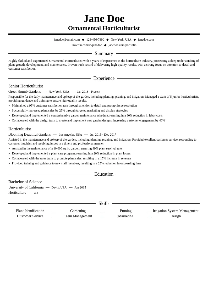 Ornamental Horticulturist resume example