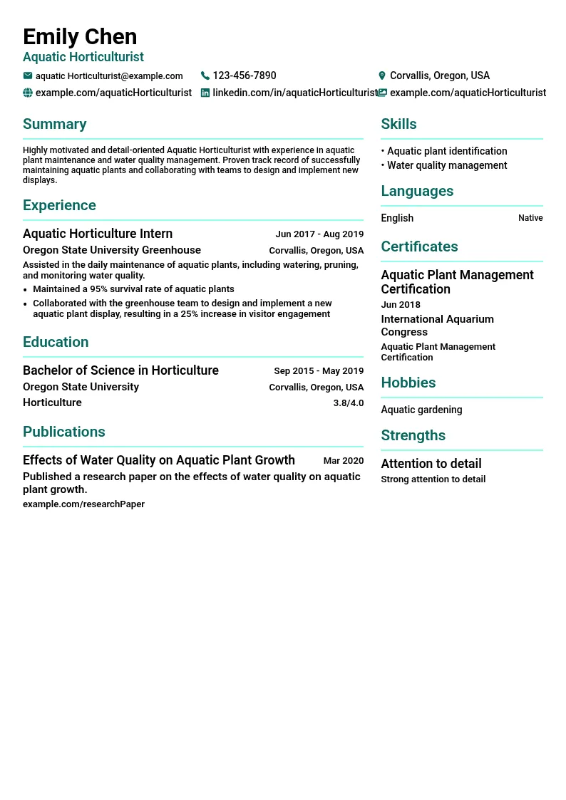 Aquatic Horticulturist resume example