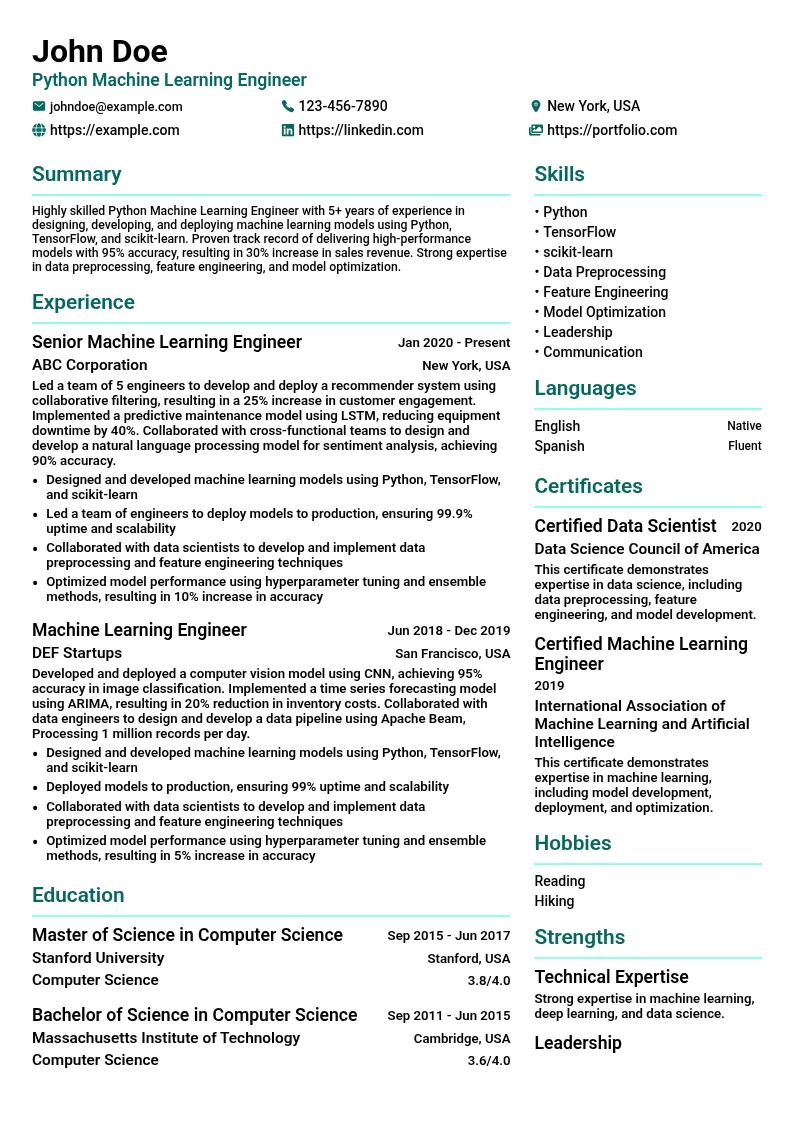 Python Machine Learning Engineer resume example