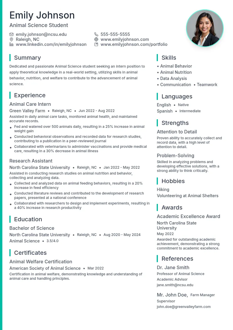 Animal Science Intern resume example