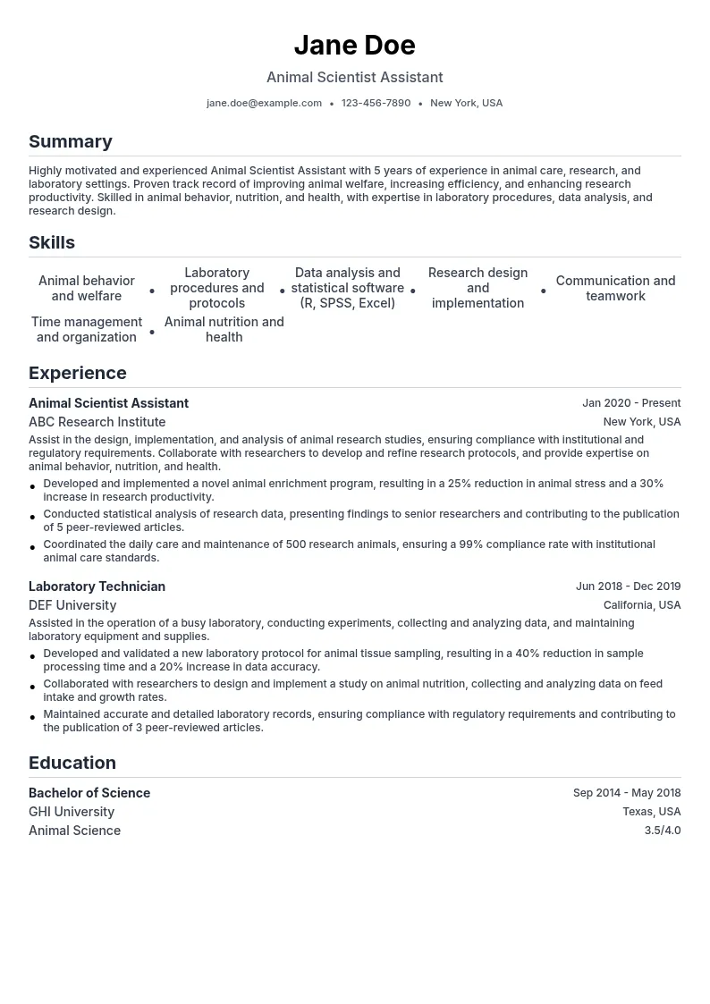 Animal Scientist Assistant resume example