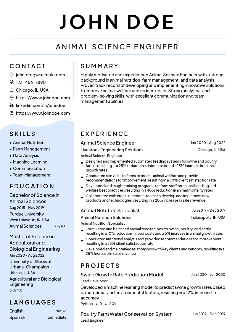 Animal Science Engineer resume example