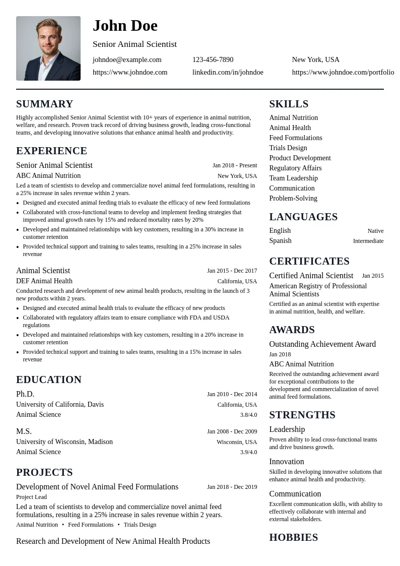 Senior Animal Scientist resume example