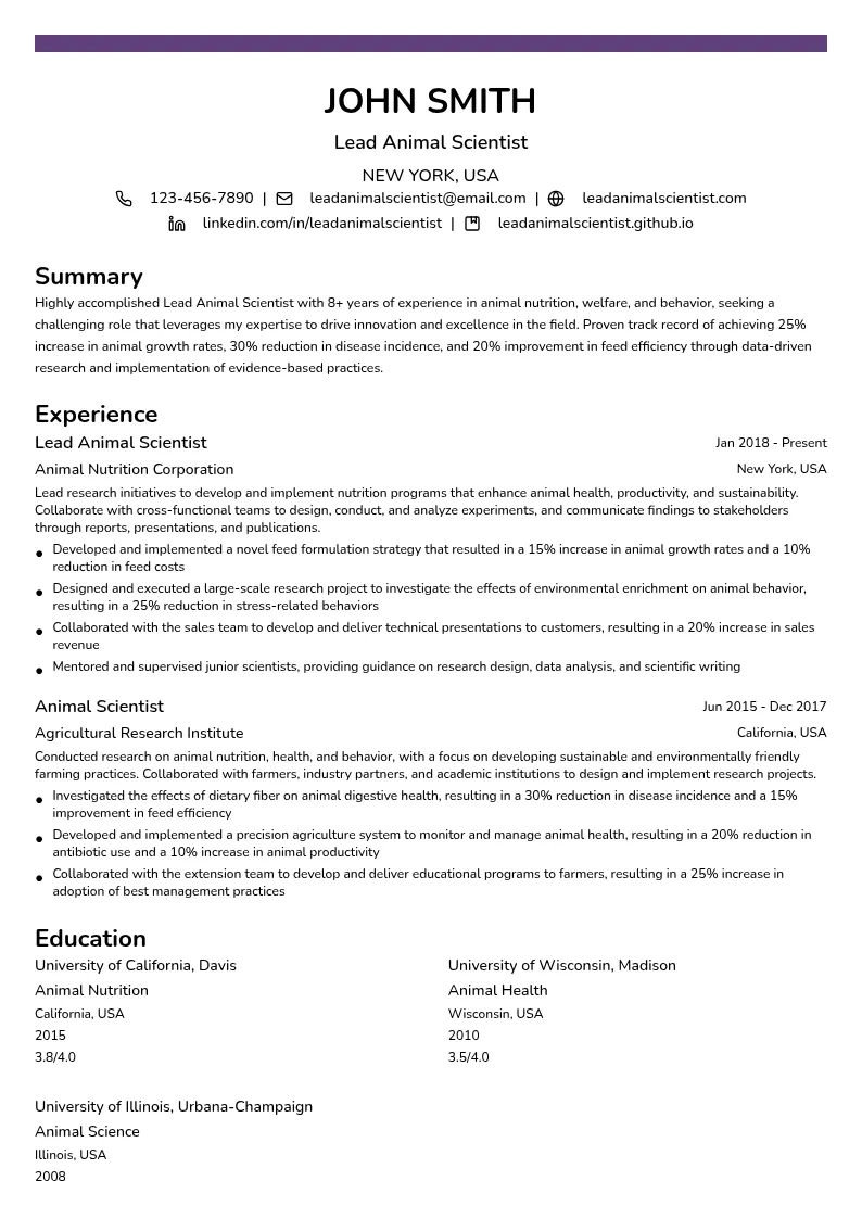 Lead Animal Scientist resume example