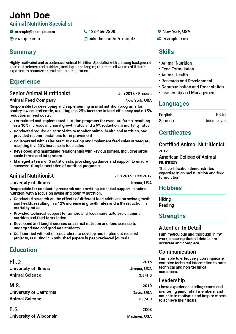 Animal Nutrition Specialist resume example