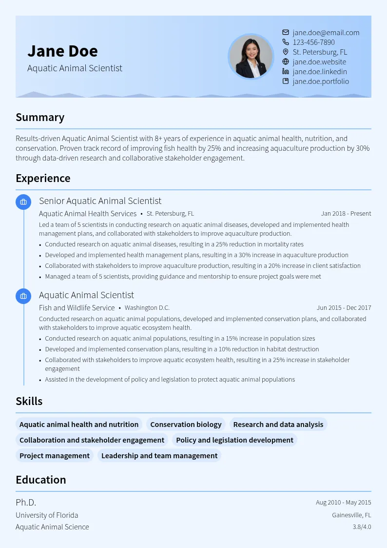 Aquatic Animal Scientist resume example