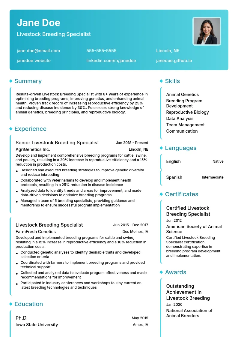 Livestock Breeding Specialist resume example