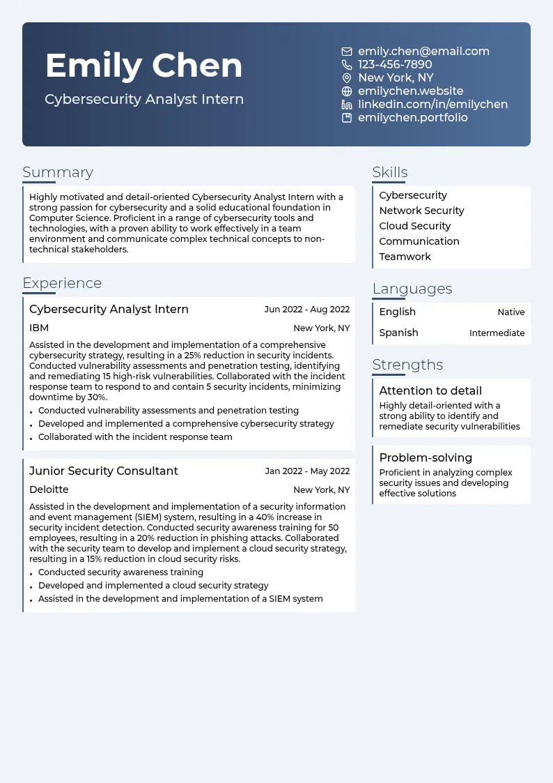 Cybersecurity Analyst Intern resume example