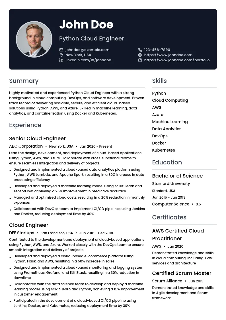 Python Cloud Engineer resume example