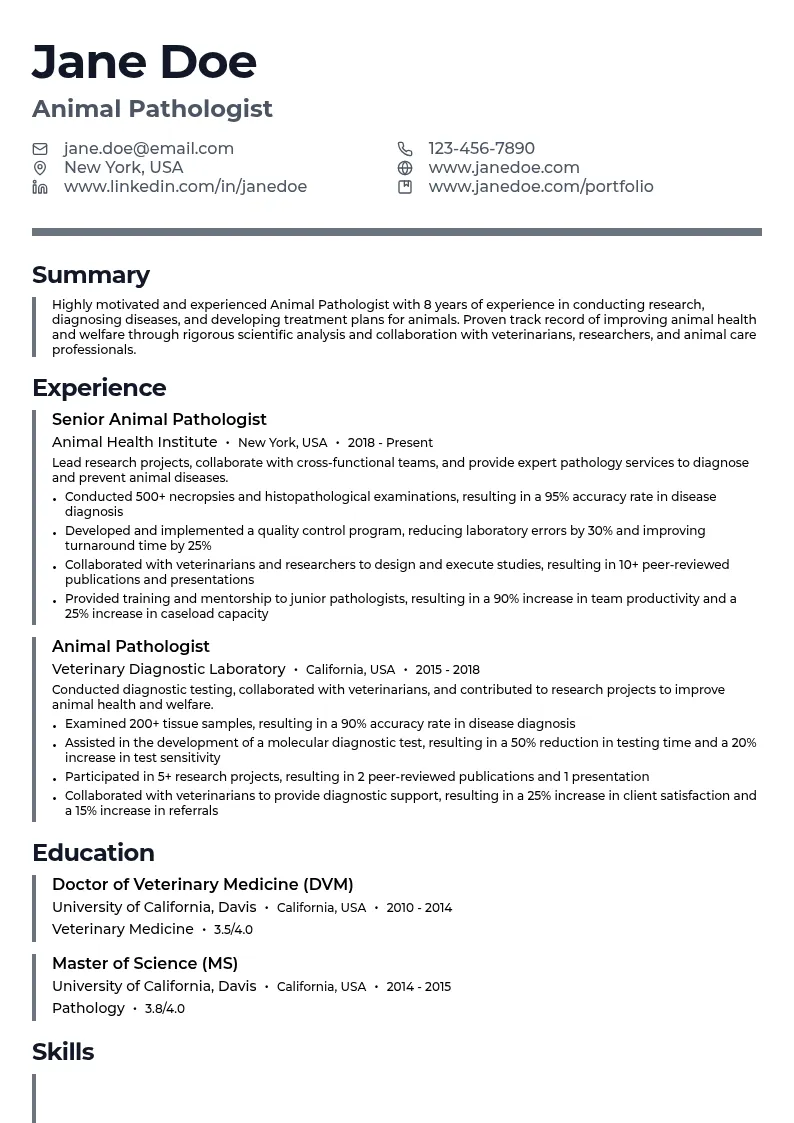 Animal Pathologist resume example