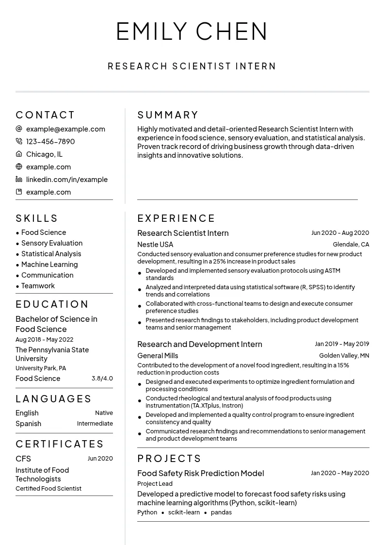 Research Scientist Intern resume example