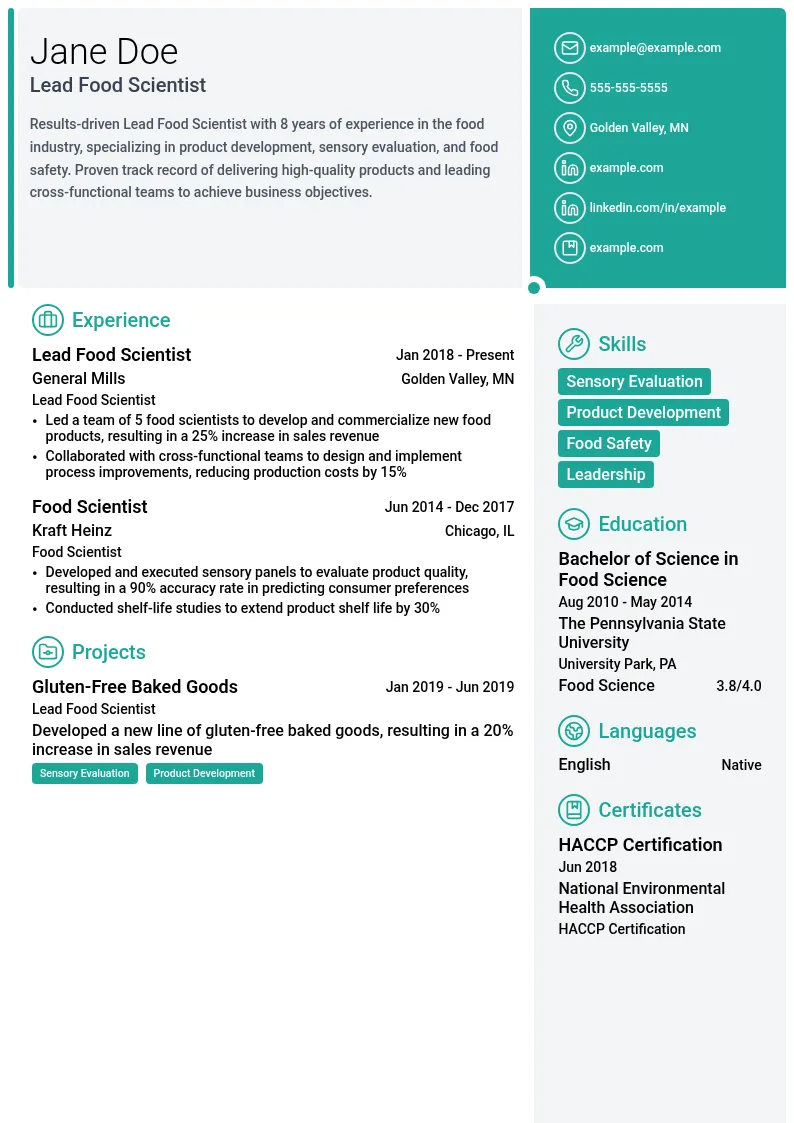 Lead Food Scientist resume example