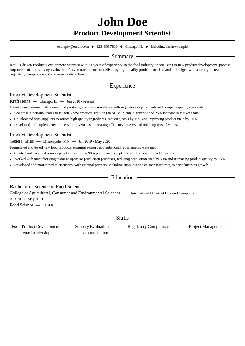 Product Development Scientist resume example