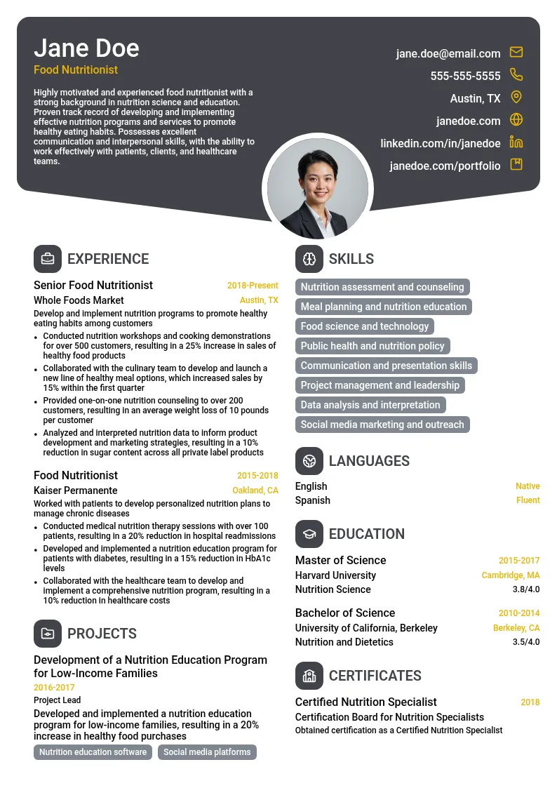Food Nutritionist resume example