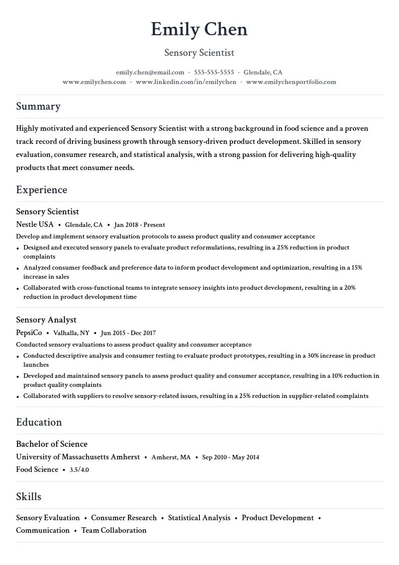 Sensory Scientist resume example